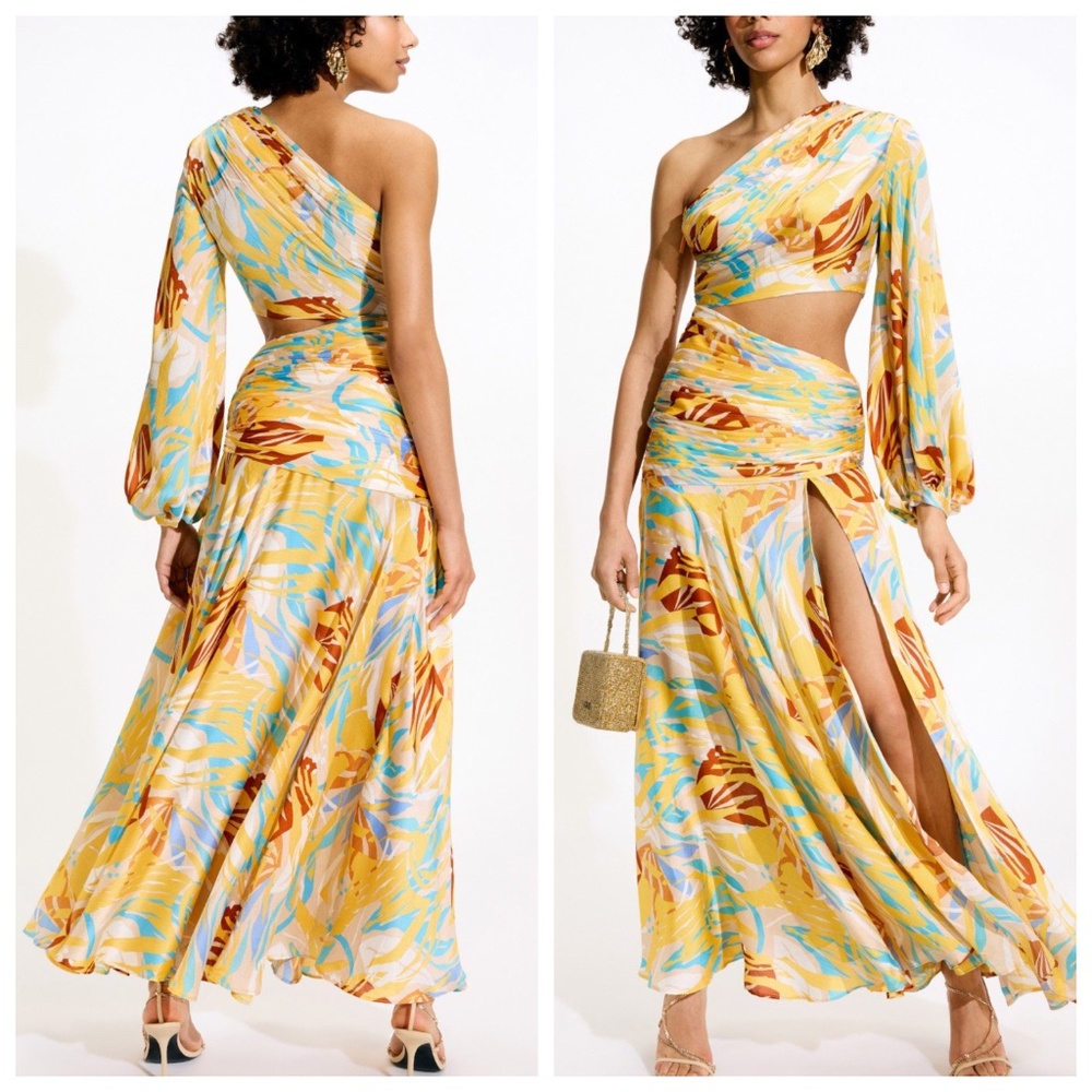 Bronx and Banco Jafari Isla Dress Yellow One Shoulder Maxi Floral Cut Out Sz XS